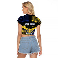 Personalized Blue and Yellow Bowling Raglan Cropped T Shirt with Striking Pins Retro Dot Pattern Design - Wonder Print Shop