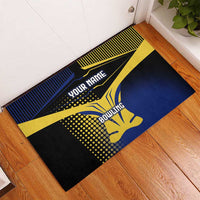 Personalized Blue and Yellow Bowling Rubber Doormat with Striking Pins Retro Dot Pattern Design - Wonder Print Shop