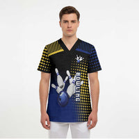 Personalized Blue and Yellow Bowling Scrub Top with Striking Pins Retro Dot Pattern Design - Wonder Print Shop