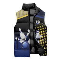 Personalized Blue and Yellow Bowling Sleeveless Puffer Jacket with Striking Pins Retro Dot Pattern Design - Wonder Print Shop