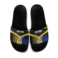Personalized Blue and Yellow Bowling Slide Sandals with Striking Pins Retro Dot Pattern Design - Wonder Print Shop