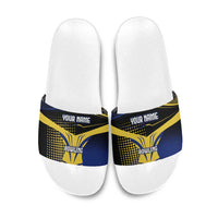 Personalized Blue and Yellow Bowling Slide Sandals with Striking Pins Retro Dot Pattern Design - Wonder Print Shop