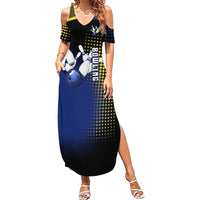 Personalized Blue and Yellow Bowling Summer Maxi Dress with Striking Pins Retro Dot Pattern Design - Wonder Print Shop