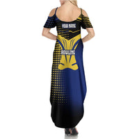 Personalized Blue and Yellow Bowling Summer Maxi Dress with Striking Pins Retro Dot Pattern Design - Wonder Print Shop