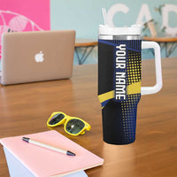Personalized Blue and Yellow Bowling Tumbler With Handle with Striking Pins Retro Dot Pattern Design - Wonder Print Shop