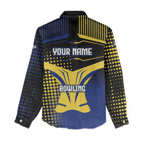 Personalized Blue and Yellow Bowling Women Casual Shirt with Striking Pins Retro Dot Pattern Design - Wonder Print Shop