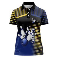Personalized Blue and Yellow Bowling Women Polo Shirt with Striking Pins Retro Dot Pattern Design - Wonder Print Shop