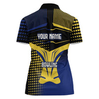 Personalized Blue and Yellow Bowling Women Polo Shirt with Striking Pins Retro Dot Pattern Design - Wonder Print Shop