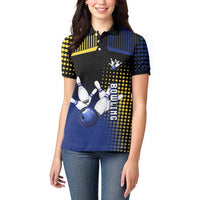 Personalized Blue and Yellow Bowling Women Polo Shirt with Striking Pins Retro Dot Pattern Design - Wonder Print Shop