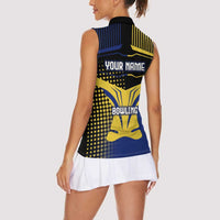 Personalized Blue and Yellow Bowling Women Sleeveless Polo Shirt with Striking Pins Retro Dot Pattern Design - Wonder Print Shop