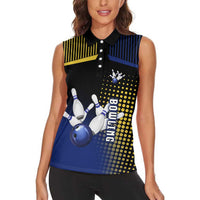 Personalized Blue and Yellow Bowling Women Sleeveless Polo Shirt with Striking Pins Retro Dot Pattern Design - Wonder Print Shop