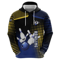 Personalized Blue and Yellow Bowling Zip Hoodie with Striking Pins Retro Dot Pattern Design - Wonder Print Shop