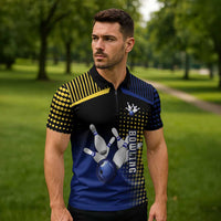 Personalized Blue and Yellow Bowling Zipper Polo Shirt with Striking Pins Retro Dot Pattern Design - Wonder Print Shop