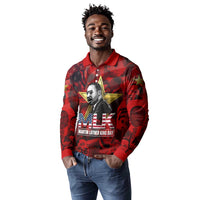 MLK Day Long Sleeve Polo Shirt Martin Luther King Jr Tribute American Flag Lettering - Wonder Print Shop