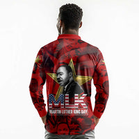 MLK Day Long Sleeve Polo Shirt Martin Luther King Jr Tribute American Flag Lettering - Wonder Print Shop