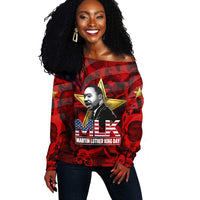 MLK Day Off Shoulder Sweater Martin Luther King Jr Tribute American Flag Lettering - Wonder Print Shop