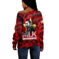 MLK Day Off Shoulder Sweater Martin Luther King Jr Tribute American Flag Lettering - Wonder Print Shop