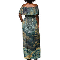 Egyptian Hapi Off Shoulder Maxi Dress God of the Nile Ankh Symbol Lotus Flowers and Sacred River Energy