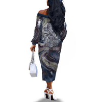 Egyptian Heh and Hauhet Off The Shoulder Long Sleeve Dress Serpent Duo Design Cosmic Infinity and Eternal Balance Motif