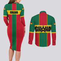 Ghana Flag Couples Matching Long Sleeve Bodycon Dress and Long Sleeve Button Shirt with Coat of Arms Design