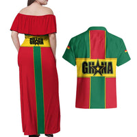 Ghana Flag Couples Matching Off Shoulder Maxi Dress and Hawaiian Shirt with Coat of Arms Design