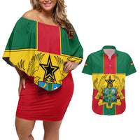 Ghana Flag Couples Matching Off Shoulder Short Dress and Hawaiian Shirt with Coat of Arms Design