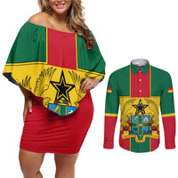 Ghana Flag Couples Matching Off Shoulder Short Dress and Long Sleeve Button Shirt with Coat of Arms Design