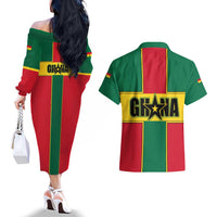 Ghana Flag Couples Matching Off The Shoulder Long Sleeve Dress and Hawaiian Shirt with Coat of Arms Design