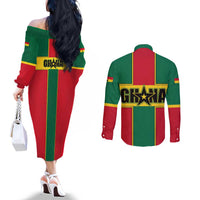 Ghana Flag Couples Matching Off The Shoulder Long Sleeve Dress and Long Sleeve Button Shirt with Coat of Arms Design