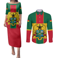 Ghana Flag Couples Matching Puletasi and Long Sleeve Button Shirt with Coat of Arms Design