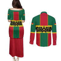Ghana Flag Couples Matching Puletasi and Long Sleeve Button Shirt with Coat of Arms Design