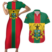 Ghana Flag Couples Matching Short Sleeve Bodycon Dress and Hawaiian Shirt with Coat of Arms Design