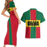 Ghana Flag Couples Matching Short Sleeve Bodycon Dress and Hawaiian Shirt with Coat of Arms Design