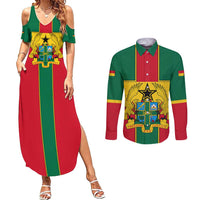 Ghana Flag Couples Matching Summer Maxi Dress and Long Sleeve Button Shirt with Coat of Arms Design