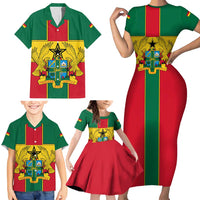 Ghana Flag Family Matching Short Sleeve Bodycon Dress and Hawaiian Shirt with Coat of Arms Design