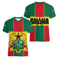Ghana Flag Women V-Neck T-Shirt with Coat of Arms Design
