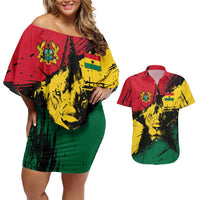 Ghana Flag Couples Matching Off Shoulder Short Dress and Hawaiian Shirt with Coat of Arms Design TS04