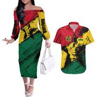 Ghana Flag Couples Matching Off The Shoulder Long Sleeve Dress and Hawaiian Shirt with Coat of Arms Design TS04