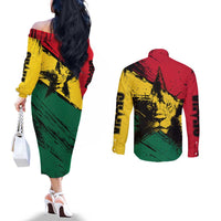 Ghana Flag Couples Matching Off The Shoulder Long Sleeve Dress and Long Sleeve Button Shirt with Coat of Arms Design TS04