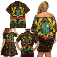 Kwame Nkrumah Family Matching Off Shoulder Short Dress and Hawaiian Shirt with Coat of Arms – Grunge Style Design