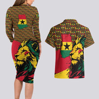 Ghana Lion Couples Matching Long Sleeve Bodycon Dress and Hawaiian Shirt - Map & Coat of Arms Grunge Style Design