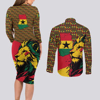 Ghana Lion Couples Matching Long Sleeve Bodycon Dress and Long Sleeve Button Shirt - Map & Coat of Arms Grunge Style Design