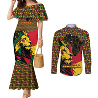 Ghana Lion Couples Matching Mermaid Dress and Long Sleeve Button Shirt - Map & Coat of Arms Grunge Style Design