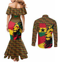 Ghana Lion Couples Matching Mermaid Dress and Long Sleeve Button Shirt - Map & Coat of Arms Grunge Style Design