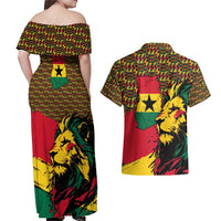 Ghana Lion Couples Matching Off Shoulder Maxi Dress and Hawaiian Shirt - Map & Coat of Arms Grunge Style Design