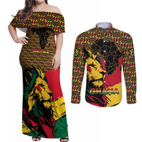 Ghana Lion Couples Matching Off Shoulder Maxi Dress and Long Sleeve Button Shirt - Map & Coat of Arms Grunge Style Design