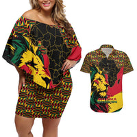 Ghana Lion Couples Matching Off Shoulder Short Dress and Hawaiian Shirt - Map & Coat of Arms Grunge Style Design