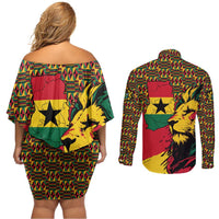 Ghana Lion Couples Matching Off Shoulder Short Dress and Long Sleeve Button Shirt - Map & Coat of Arms Grunge Style Design