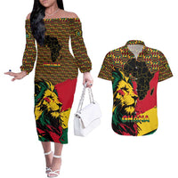 Ghana Lion Couples Matching Off The Shoulder Long Sleeve Dress and Hawaiian Shirt - Map & Coat of Arms Grunge Style Design