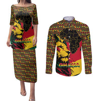 Ghana Lion Couples Matching Puletasi and Long Sleeve Button Shirt - Map & Coat of Arms Grunge Style Design